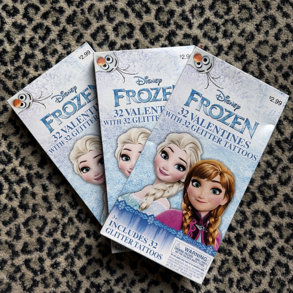 Lot 3 Disney Frozen Valentine's Day Packs with Glitter Tattoos - 32 In Each Box